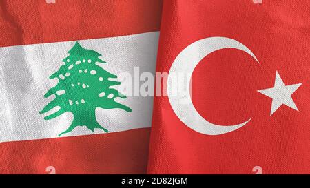 Türkei und Libanon zwei Flaggen Textil Stoff 3D-Rendering Stockfoto