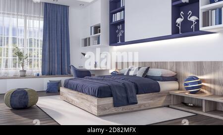 Moderne Schlafzimmer Innenarchitektur mit blauen Elementen 3d Render 3d Abbildung Stockfoto