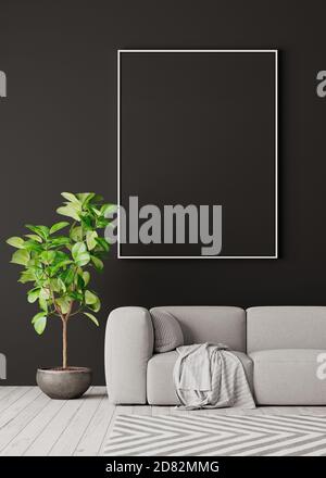 Mock up Poster an der grauen Wand, moderne Wohnzimmer Innenarchitektur 3D Render 3D-Illustration Stockfoto