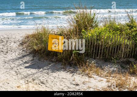 Strand ungeschützt jetzt schwimmende Zeichen auf einem Strand mit Gräsern Zaun und Wellen Stockfoto