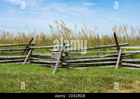 Verwitterte graue Zick-Zack-Split-Rail-Zäune auch bekannt als Wurm Zaun mit grünem Gras vorne und hohen Bernstein Maserung hinten Stockfoto