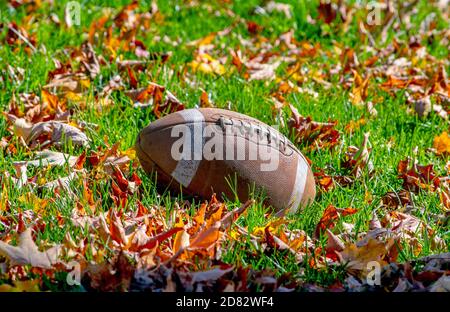 Fußball liegt in einem mit Blättern übersäten Feld, bereit für einen Sturz Touchdown Stockfoto