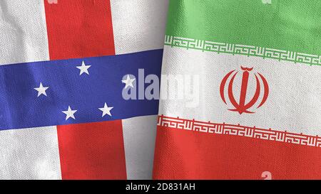 Iran und Niederländische Antillen zwei Flaggen Textil Stoff 3D-Rendering Stockfoto