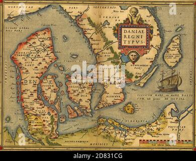 Antike Landkarte von Dänemark, von Abraham Ortelius, um 1570 Stockfoto