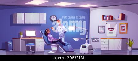 Zahnarztzimmer mit Frau im Stuhl und Arzt sitzen. Vector Cartoon Illustration mit Zahnarzt und Mädchen Patienten in Stomatologie Büro in Klinik oder Krankenhaus. Zahnbehandlung und Pflegekonzept Stock Vektor