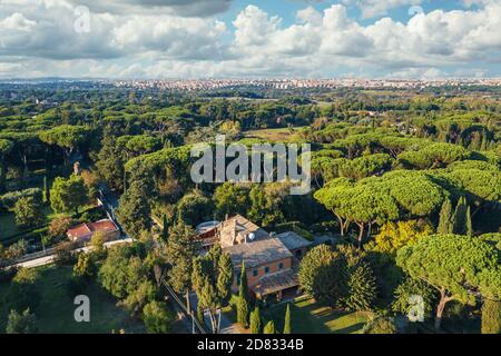 Grüner Park und Wiesen der Via Appia Antica in Rom, Italien. Luftaufnahme der alten europäischen Naturlandschaft. Stockfoto