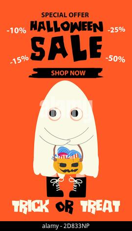 Halloween-Werbebanner. Halloween Hintergrund mit Kürbis, Geist, Monster, Hexe, schwarze Katzen und Süßigkeiten. Einladungsflyer oder Vorlage für ein Halloween p Stock Vektor