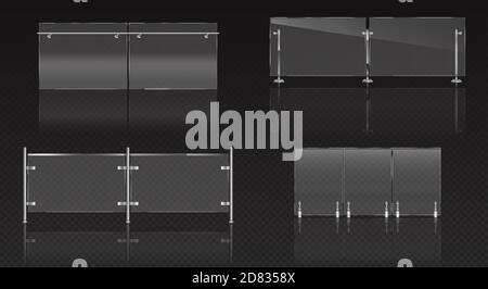 Glaszaun Abschnitt, Plexiglas Balustrade mit Metallgeländer und transparente Platten für Pool, Haustreppen oder Haus Balkon. Acryl Geländer oder Einzäunungsbarriere mit Stahlsäulen realistische 3d-Set Stock Vektor