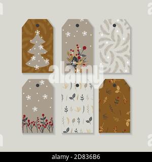 Set von niedlichen Weihnachten und Neujahr gebrauchsfertige Geschenk-Tags oder Etiketten. Illustration mit weißen und ocker/goldenen Farben. Stock Vektor