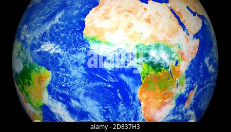 3d gerendert Foto realistische Erde Planeten. Schöner grüner Erdplanet mit bunter Galaxie oder Nebel. Vorderansicht der Erde aus dem Weltraum mit Wolken Stockfoto