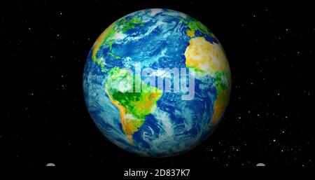 3d gerendert Foto realistische Erde Planeten. Schöner grüner Erdplanet mit bunter Galaxie oder Nebel. Vorderansicht der Erde aus dem Weltraum mit Wolken Stockfoto