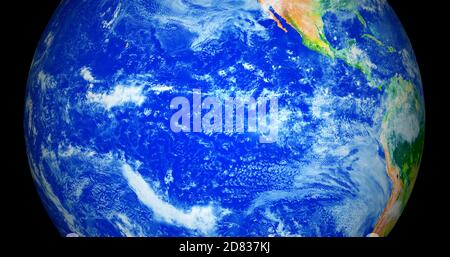 3d gerendert Foto realistische Erde Planeten. Schöner grüner Erdplanet mit bunter Galaxie oder Nebel. Vorderansicht der Erde aus dem Weltraum mit Wolken Stockfoto