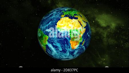 3d gerendert Foto realistische Erde Planeten. Schöner grüner Erdplanet mit bunter Galaxie oder Nebel. Vorderansicht der Erde aus dem Weltraum mit Wolken Stockfoto