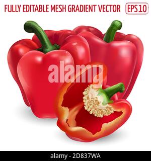 Zwei rote Paprika und eine Hälfte auf weißem Hintergrund. Stock Vektor