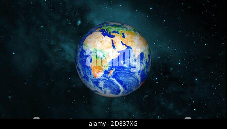 3d gerendert Foto realistische Erde Planeten. Schöner grüner Erdplanet mit bunter Galaxie oder Nebel. Vorderansicht der Erde aus dem Weltraum mit Wolken Stockfoto