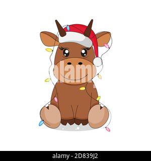 Niedlicher Stier in weihnachtshut und Girlande. Stock Vektor
