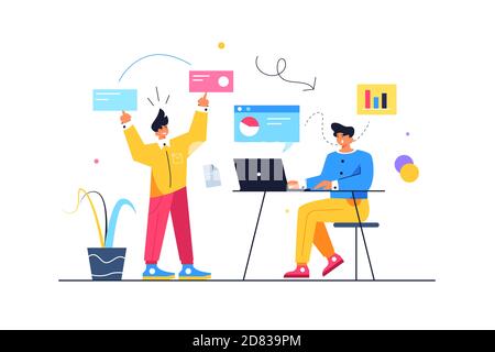 Zwei Jungs sind in der Prozesssteuerung durch virtuelle Blasen beteiligt Stock Vektor