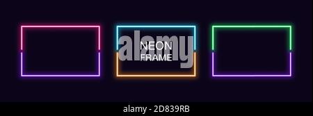 Rechteckiger Neon-Rahmen. Set von rechteckigen Neonrand in 2 Umrissteilen. Vektor geometrische Form mit Copy Space, futuristische glühende Element für soziale Stock Vektor
