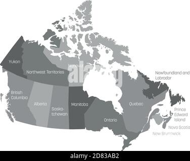 Karte von Kanada in 10 Provinzen und 3 Territorien unterteilt. Verwaltungsregionen Kanadas. Graue Karte mit Beschriftungen. Vektorgrafik. Stock Vektor