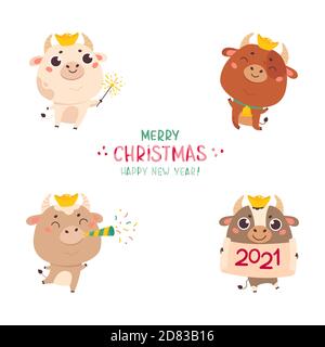 Set von niedlichen Cartoon Ochse und Kühe.Frohes neues Jahr Stock Vektor