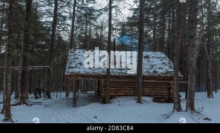 Die unberührte Natur des Zeya Reservats. Zwischen der Taiga steht eine hölzerne Winterhütte Stockfoto