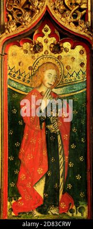 St. Johannes der Evangelist, Mittelalter, Rood Screen, Malerei, Gemälde, Auge, Suffolk, England Stockfoto