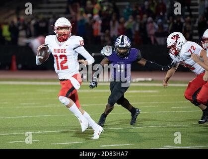 Round Rock TX USA, 23 2020. Okt.: Freitagabend High School Fußballspiel-Action zwischen Vorstadtschulen in Austin Round Rock Cedar Ridge (lila Trikots) und Cedar Park Vista Ridge (weiße Trikots). ©Bob Daemmrich Stockfoto