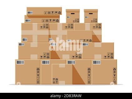 Kartons stapeln isoliert auf weiß. Karton Lieferung Verpackung geschlossen, versiegelt, kubische, große und kleine Box mit zerbrechlichen Zeichen. Vektorgrafik im flachen Stil Stock Vektor