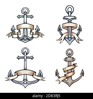 Set von Vintage mehrfarbigen Cartoon Anker mit Papierband. Handgezeichnete Abbildung. Vektor-Element für Tattoos, Druck für T-Shirts, Färbung, embl Stock Vektor