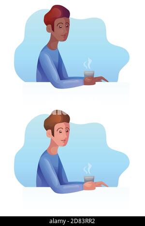 Set von Vektor-Illustration von afrikanischen Mann und Brünette Mann mit einer Tasse im modernen Stil. Vom Hintergrund getrennte Objekte. Vektor-stilisierte Illustration Stock Vektor