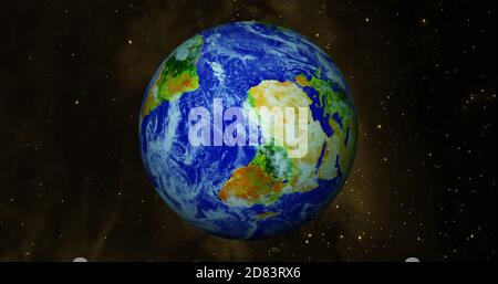 3d gerendert Foto realistische Erde Planeten. Schöner grüner Erdplanet mit bunter Galaxie oder Nebel. Vorderansicht der Erde aus dem Weltraum mit Wolken Stockfoto