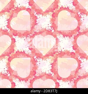 Nahtloses Muster mit Herzen und rosa Aquarellspritzern auf rosa Hintergrund. Vektor-Textur für Tapete, Verpackung und Ihre Kreativität. Stock Vektor
