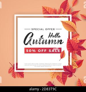 Herbst Verkauf Hintergrund Vorlage mit Schriftzug. Helle Herbstblätter. Poster, Karte, Etikett, Bannerdesign. Ideal für Shopping Verkauf. Helle natürliche Rückengr Stock Vektor