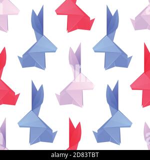 Nahtloses Muster mit mehrfarbigen Papier Origami-Kaninchen auf weißem Hintergrund. Papierzoo. Vektor-Textur mit Hasen für Verpackung, Textil und für Ihre Stock Vektor