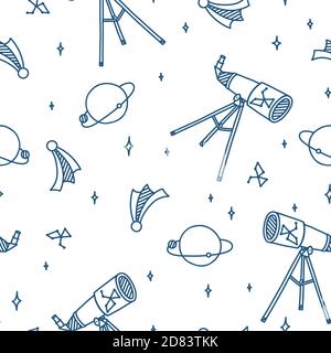 Weltraumkritzel mit Teleskop, Planeten, Mond, Sternen und Kometen. Weltraum nahtloses Muster. Handgezeichnete Vektorgrafik im Doodle-Stil Stock Vektor