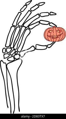 Halloween Illustration mit einem Skelett Hand Holsing einen niedlichen Kürbis. Trick or Treat-Konzept. Vektorgrafik. Stock Vektor