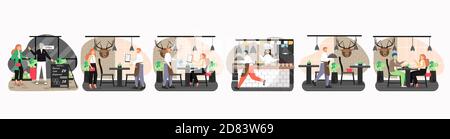 Restaurant Szene gesetzt, flache Vektor isoliert Illustration. Küchenchef, Kellner und glückliche Besucher. Stock Vektor