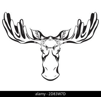 Kontur schwarze Silhouette eines Elchkopfes mit Geweih Vorderansicht mit Schraffur. Wildes Säugetier. Vektor Umriss Illustration für Tattoo, Logo, Symbol, postc Stock Vektor