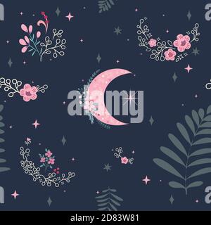 Schönes Nahtloses Muster mit Blumen, Mond und Sternen Stock Vektor