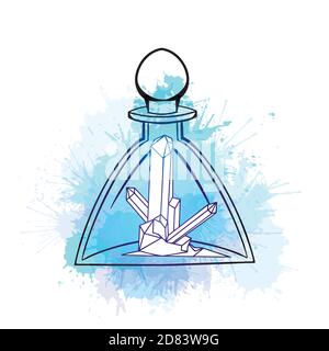 Umriss Dreieck magische Glasflasche mit Edelsteinen im Inneren und blauen Aquarellspritzern. Contour verzaubernde Flasche für Postkarten, Banner und Ihre Stock Vektor