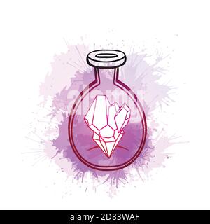 Umriss runde magische Glasflasche mit Edelsteinen im Inneren und violetten Aquarellspritzern. Contour verzaubernde Flasche für Postkarten, Banner und Ihre Stock Vektor