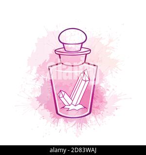 Umriss magische Glasflasche mit Edelsteinen im Inneren und violetten Aquarellspritzern. Contour Zauberflasche für Postkarten, Banner und Ihre Kreati Stock Vektor
