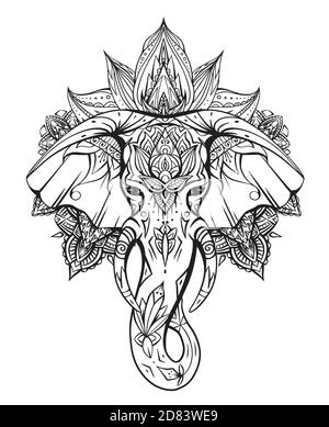 Konturierter Elefantenkopf mit Rüssel, Stoßzähnen und Boho-Ornamenten. Ganesha Kopf mit Mandala. Vektor Silhouette für Malvorlagen, Karten, Banner a Stock Vektor