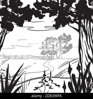 Natürliche Skizze der Wiese mit dem Weg, dem Zaun und den Bäumen. Ruhige, friedliche, ländliche Landschaft. Vektortintenelement für Etiketten, Karten und Ihren cr Stock Vektor