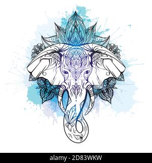 Konturierter Elefantenkopf mit Rüssel, Stoßzähnen und Boho-Ornamenten auf blauen Aquarellspritzern. Ganesha Kopf mit Mandala. Vektor Silhouette für colo Stock Vektor