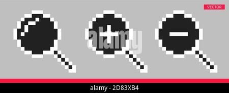 Schwarze Pixel Lupe Symbol Zeichen Cursor Vektor Illustration Set. Stock Vektor