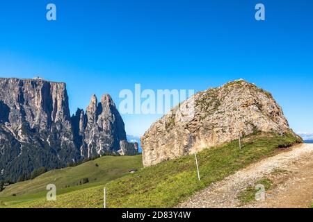 Auf der Seiser Alm, Seiser Alm, mit Blick auf Schlern, Schlern, Südtirol Stockfoto