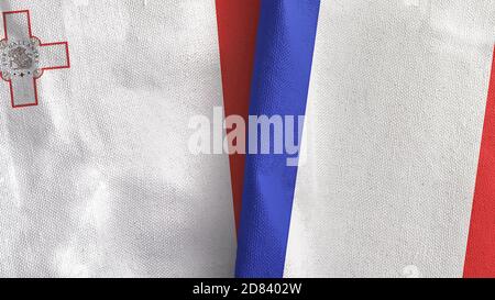 Frankreich und Malta zwei Flaggen Textil-Tuch 3D-Rendering Stockfoto