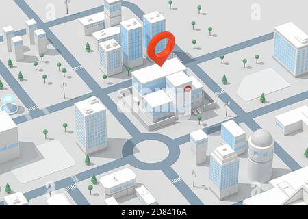 Innenstadtgebäude, am Krankenhaus gelegen, 3d-Rendering. Digitale Zeichnung des Computers. Stockfoto