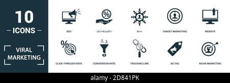 Symbol für virales Marketing. Monochrom-Zeichen-Sammlung mit Attribution, Lead, Bonus-Programm, Referral Link und über Symbole. Virales Marketing-Elemente gesetzt Stock Vektor